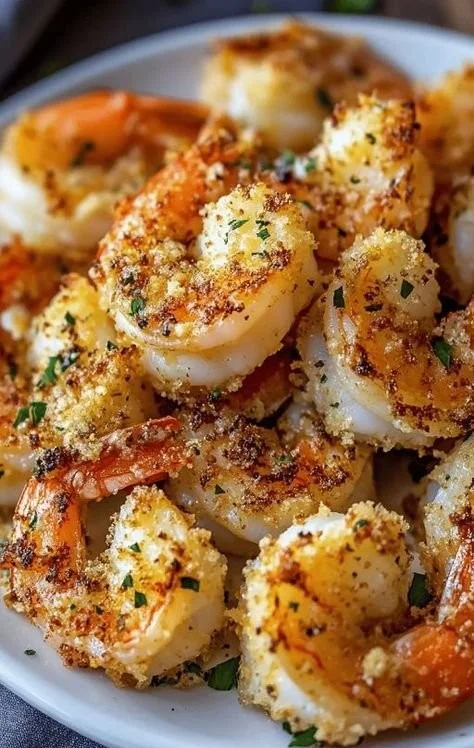 Air Fryer Garlic Parmesan Shrimp served on a plate with parsley garnish