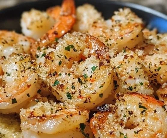 Air fryer garlic parmesan shrimp served in a bowl with herbs