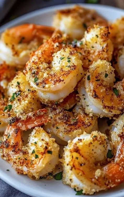 Plate of air fryer garlic parmesan shrimp garnished with parsley