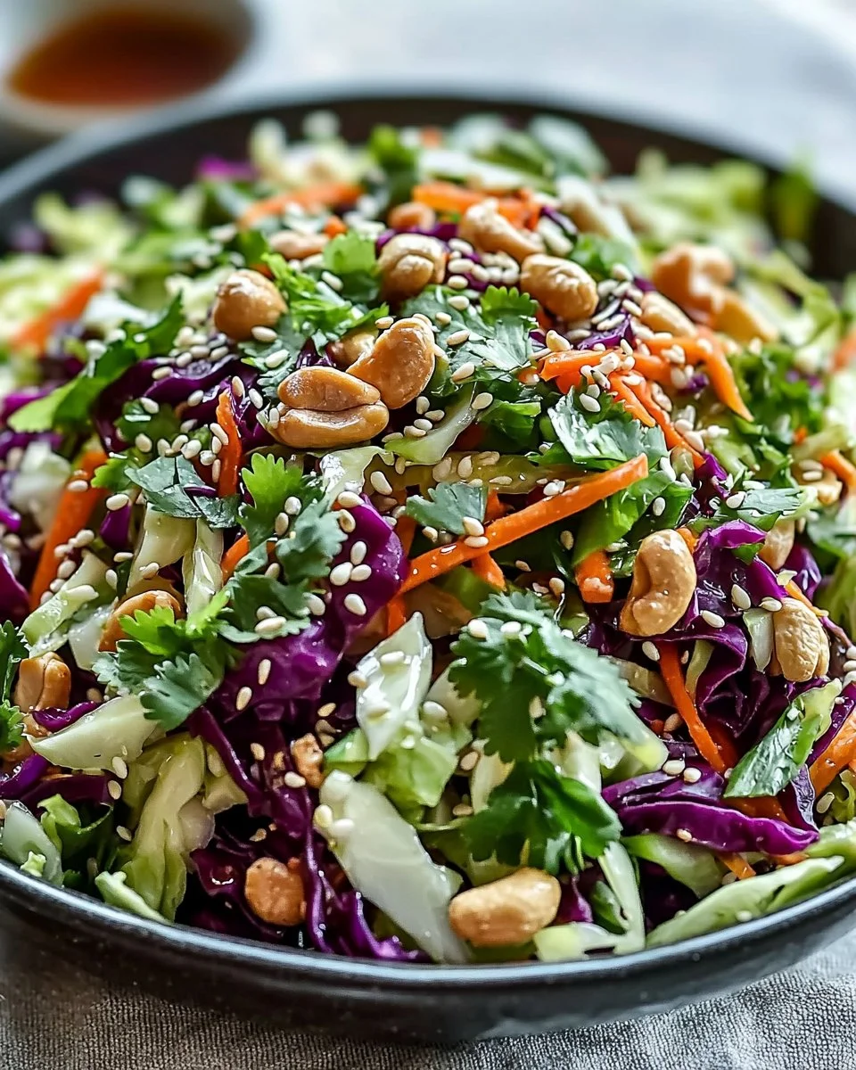 Bowl of colorful Asian Cabbage Salad with fresh vegetables and sesame dressing
