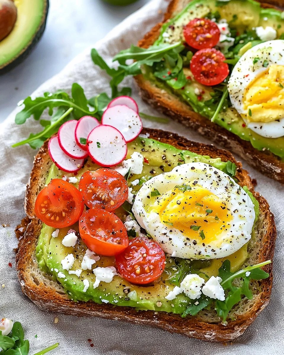 Delicious avocado toast topped with spices and herbs on a wooden board
