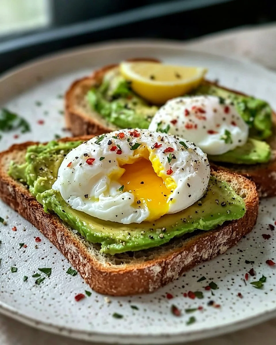 Avocado toast topped with a poached egg served on a wooden cutting board.