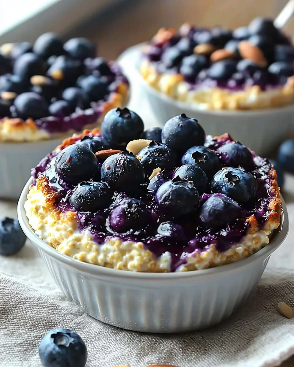 Baked blueberry cottage cheese bowls topped with fresh blueberries.