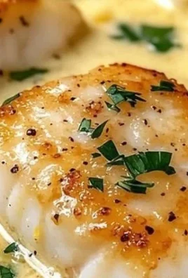Baked cod fillet topped with coconut lemon cream sauce, garnished with herbs