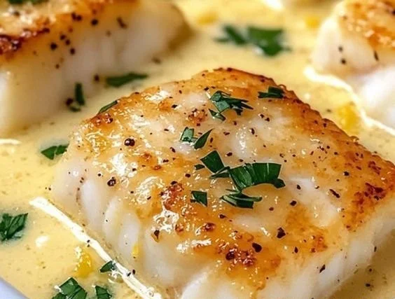 Baked cod fillet topped with coconut lemon cream sauce, garnished with herbs