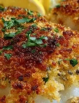 Baked cod fillet with a crispy panko crust, garnished with lemon