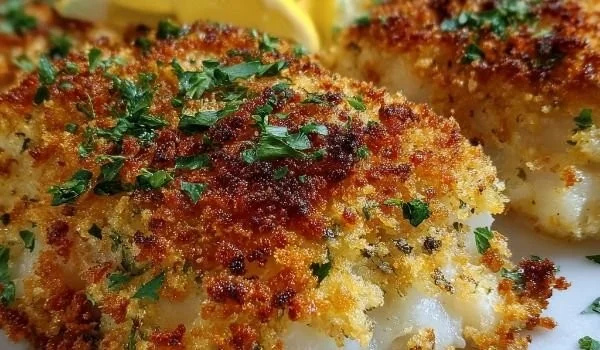 Baked cod fillet with a crispy panko crust, garnished with lemon
