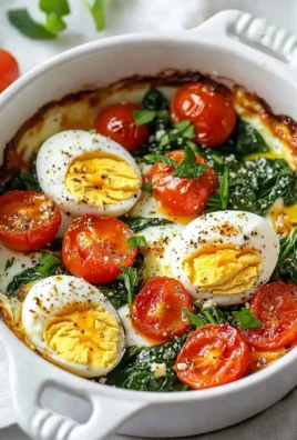 Delicious baked feta eggs with tomatoes and spinach in a baking dish