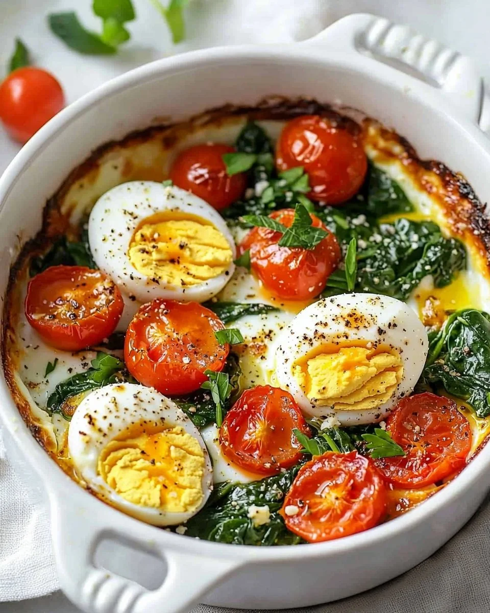 Delicious baked feta eggs with tomatoes and spinach in a baking dish