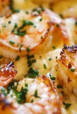 Baked stuffed shrimp casserole topped with herbs and breadcrumbs