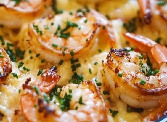 Baked stuffed shrimp casserole topped with herbs and breadcrumbs