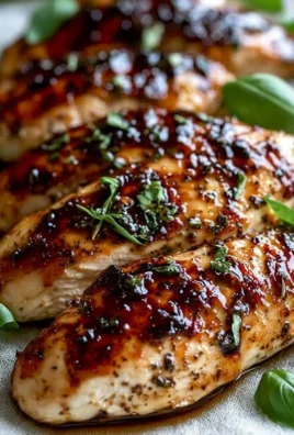 Balsamic baked chicken breast garnished with herbs, perfect for a healthy dinner.