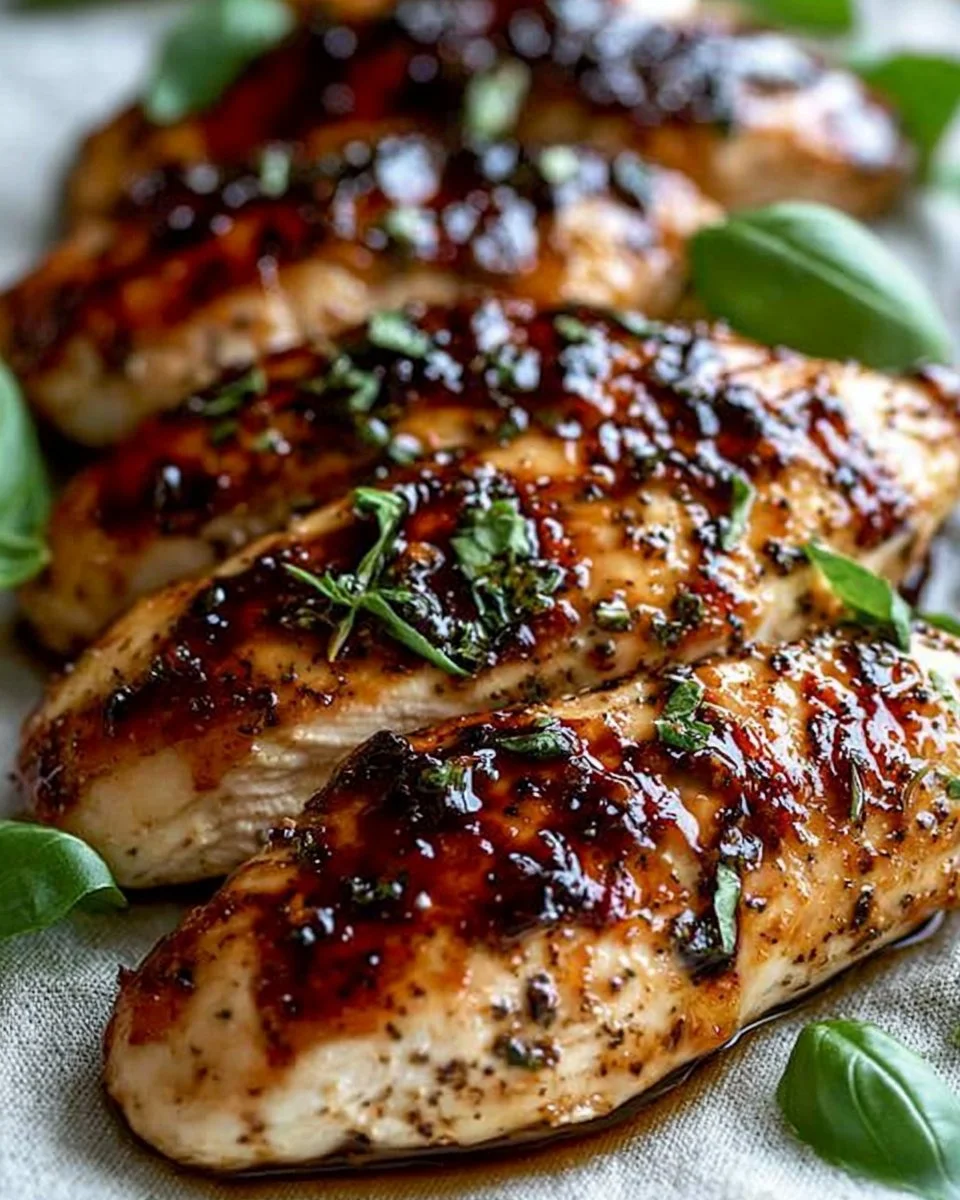 Balsamic baked chicken breast garnished with herbs, perfect for a healthy dinner.