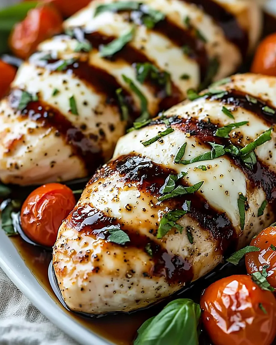 Balsamic baked chicken breast topped with melted mozzarella cheese