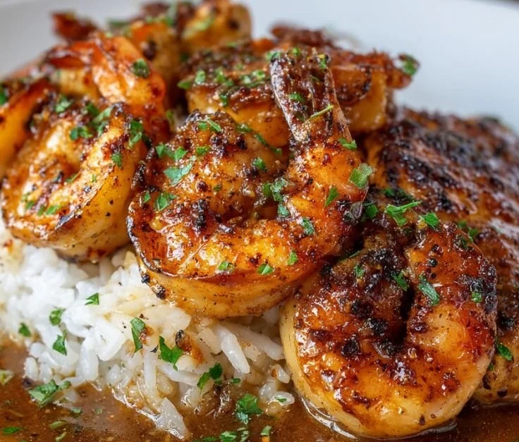 Delicious Bourbon Street Chicken and Shrimp dish garnished with fresh herbs.
