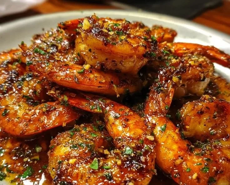 Plate of Cajun Hot Honey Shrimp garnished with herbs and spices