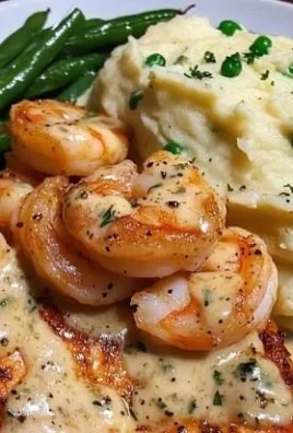 Cajun shrimp and salmon dish with garlic cream sauce, mashed potatoes, and green beans.