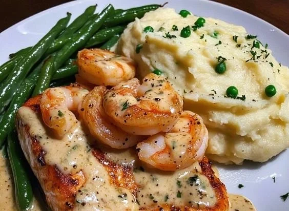 Cajun shrimp and salmon dish with garlic cream sauce, mashed potatoes, and green beans.