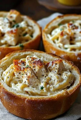 Chicken Alfredo Garlic Bread Bowls topped with creamy sauce and herbs