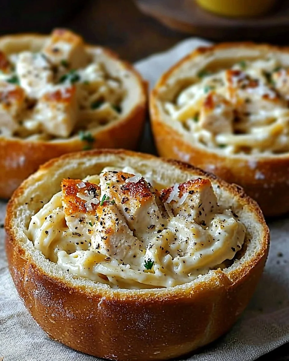 Chicken Alfredo Garlic Bread Bowls topped with creamy sauce and herbs