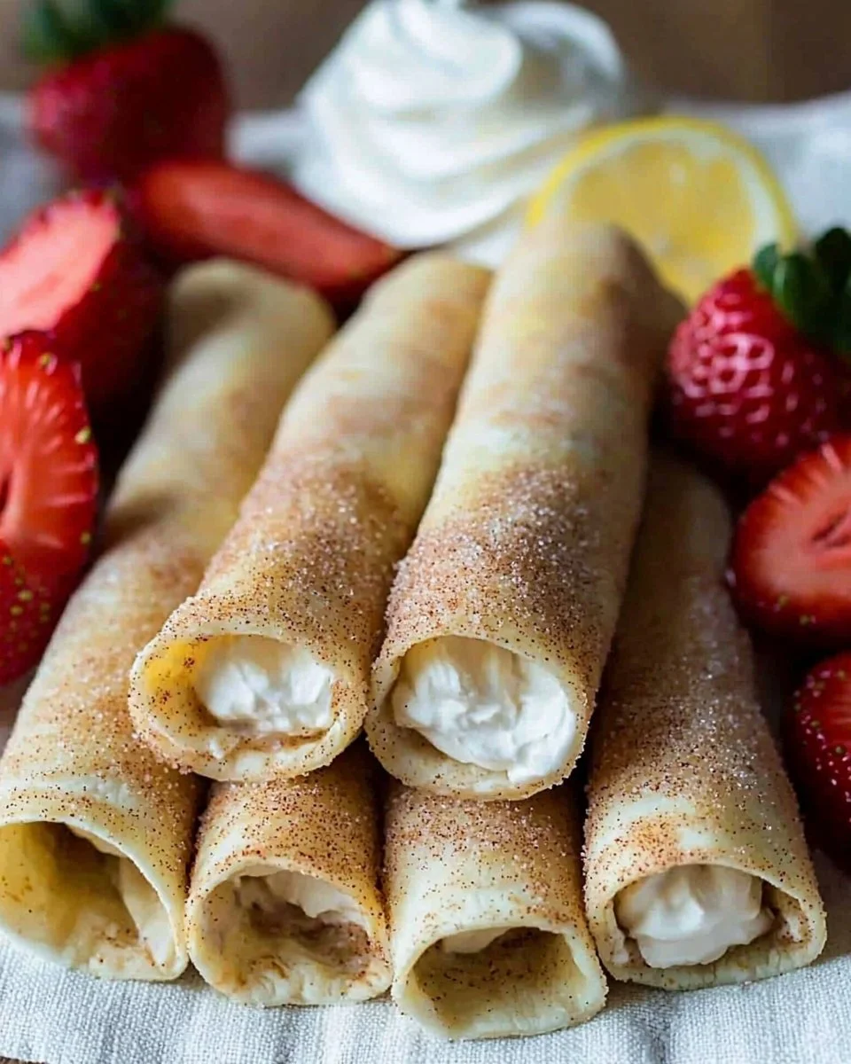 Cinnamon Sugar Cheesecake Taquitos on a plate, sprinkled with cinnamon sugar.