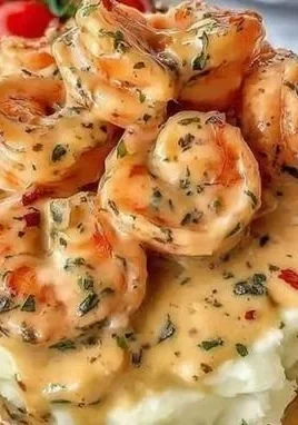 Creamy garlic shrimp dish served over mashed potatoes