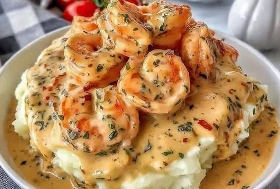 Creamy garlic shrimp dish served over mashed potatoes