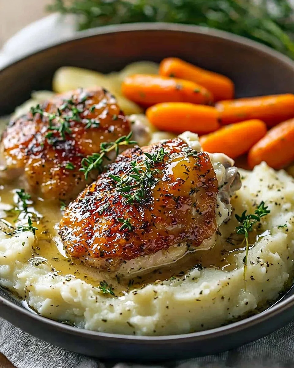 Creamy Herb Chicken with mashed potatoes and honey glazed carrots on a plate