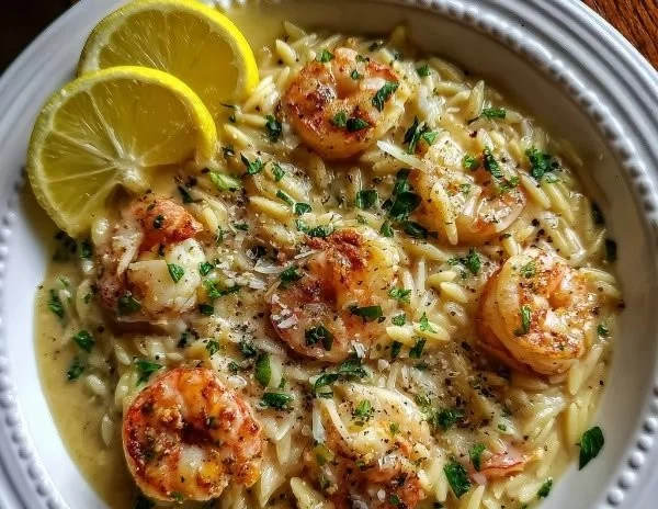 Creamy lemon garlic shrimp served on orzo pasta with herbs