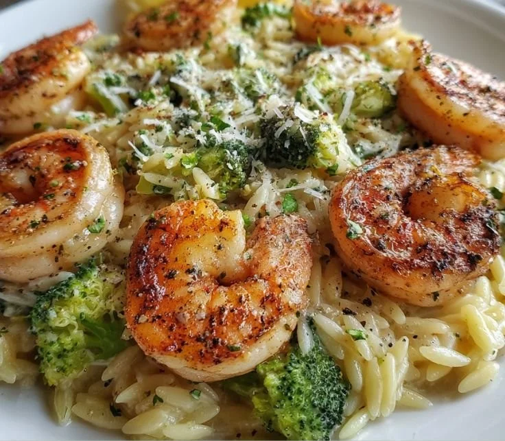 Creamy orzo shrimp and broccoli dish served in a bowl