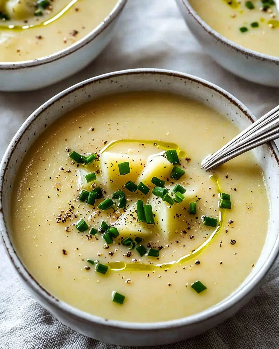 Bowl of creamy potato leek soup topped with fresh herbs and croutons.