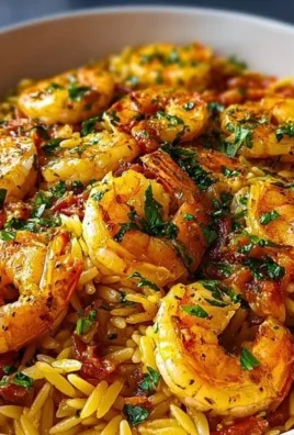 Creamy shrimp and orzo pasta dish topped with herbs