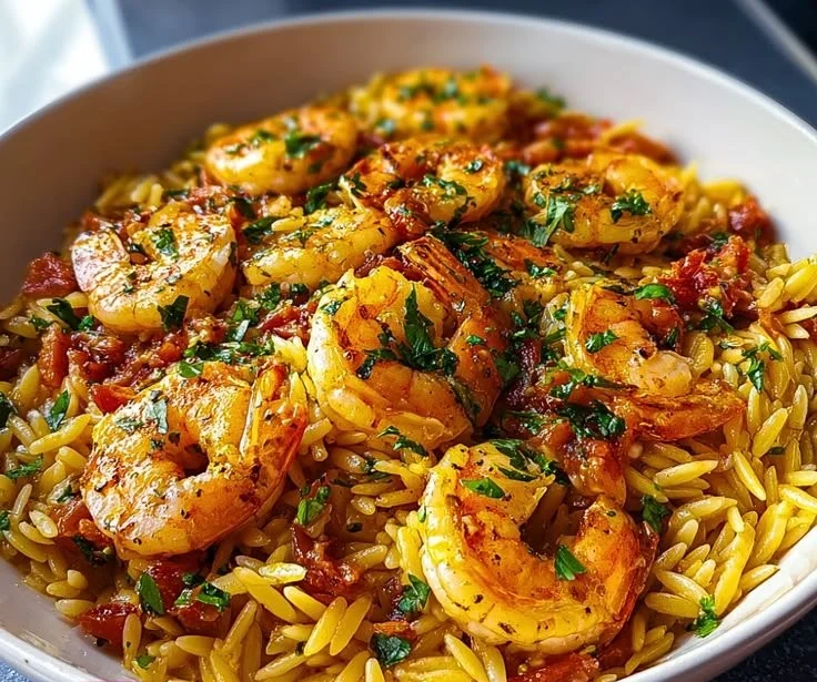 Creamy shrimp and orzo pasta dish topped with herbs