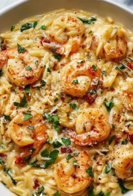 Creamy shrimp orzo dish garnished with herbs and served in a bowl.