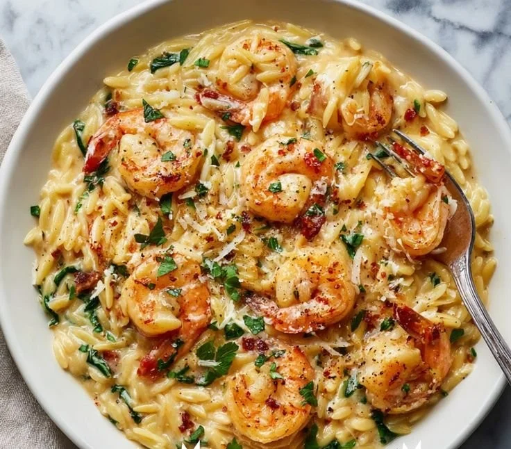 Creamy shrimp orzo dish garnished with herbs and served in a bowl.