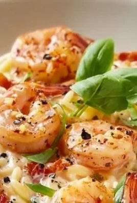 Creamy shrimp orzo dish garnished with fresh herbs in a bowl