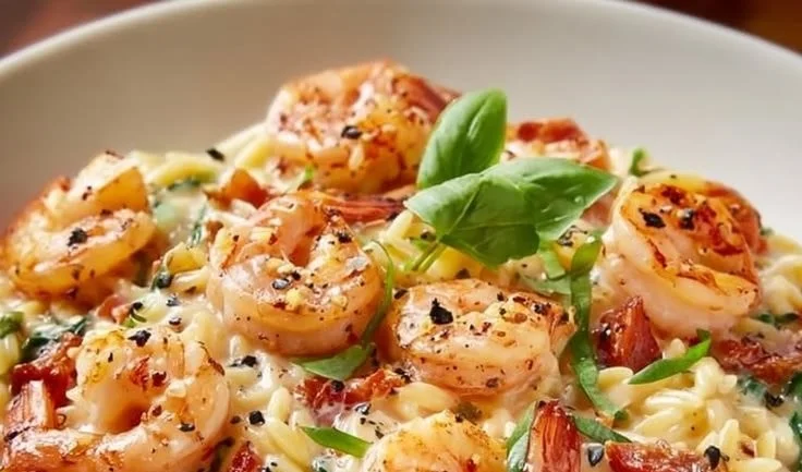 Creamy shrimp orzo dish garnished with fresh herbs in a bowl