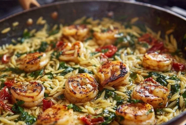 Creamy shrimp orzo with lemon and feta served in a bowl