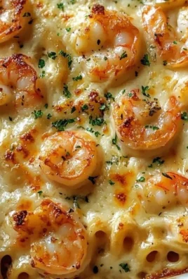 Creamy shrimp scampi pasta bake topped with parsley and cheese.