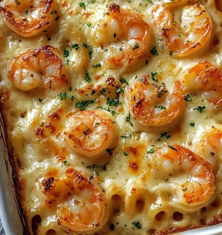 Creamy shrimp scampi pasta bake topped with parsley and cheese.