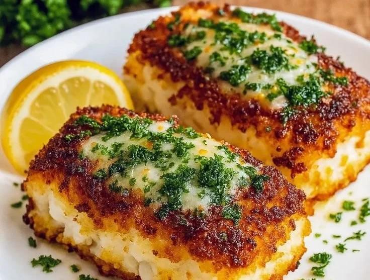 Crispy Air Fryer Parmesan Cod served on a plate with garnish