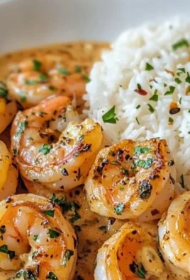 Plate of easy creamy garlic shrimp with herbs and lemon garnish