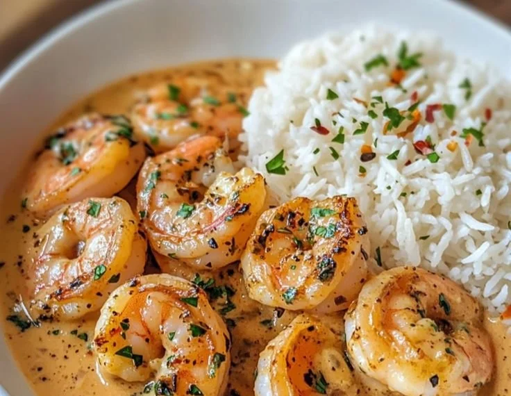 Plate of easy creamy garlic shrimp with herbs and lemon garnish