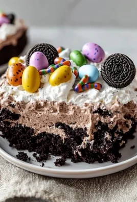 Easy No Bake Easter Dirt Cake Casserole with chocolate and gummy worms