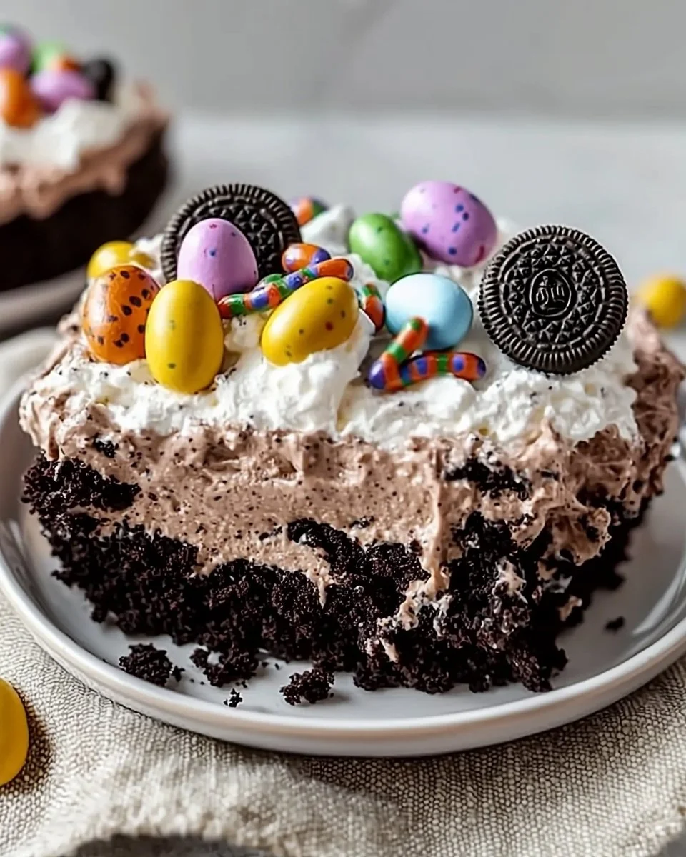 Easy No Bake Easter Dirt Cake Casserole with chocolate and gummy worms