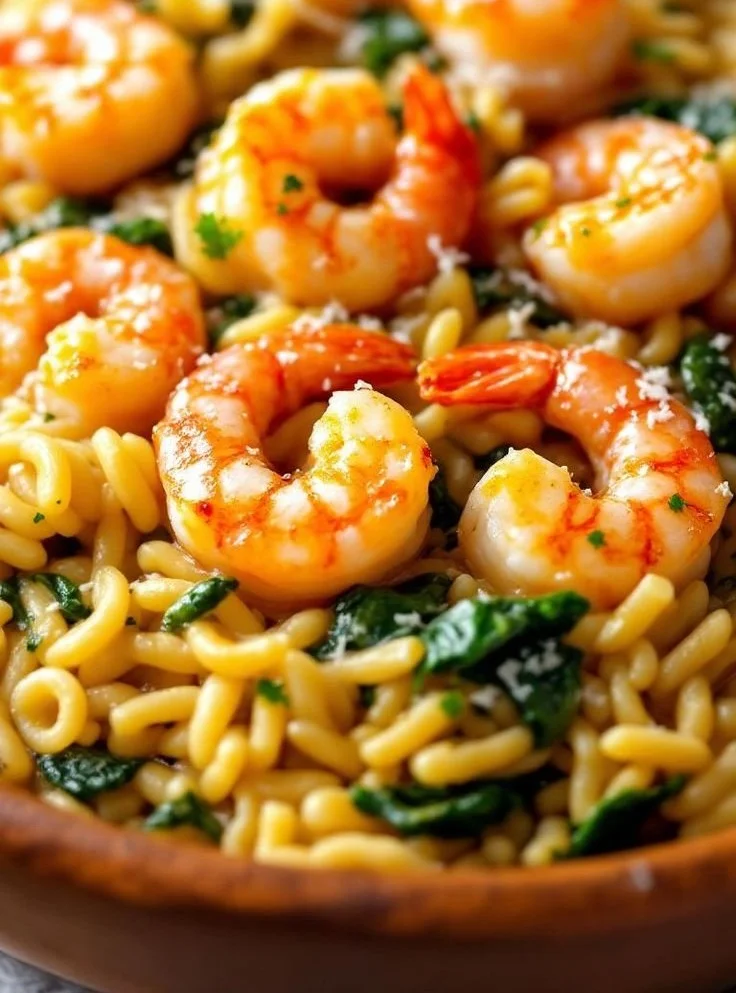 Easy one pot garlic butter shrimp served with orzo pasta