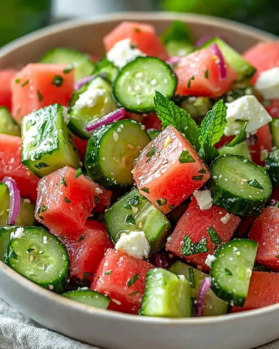 A vibrant bowl of easy watermelon cucumber salad with fresh ingredients.