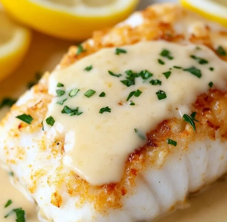 Flavorful baked cod dish with mayonnaise and parmesan cheese
