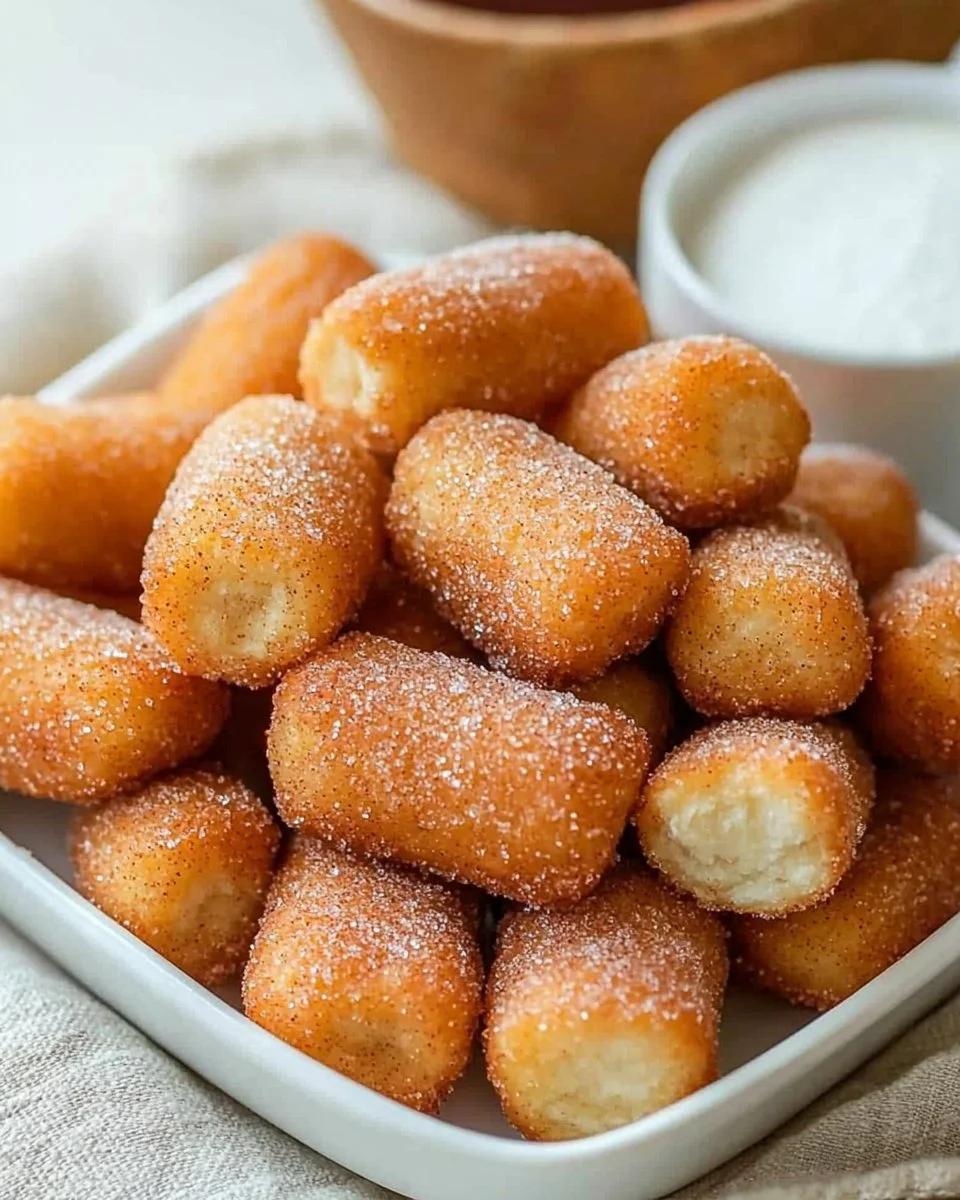 Fluffy air fryer churro bites dusted with cinnamon sugar and served warm.