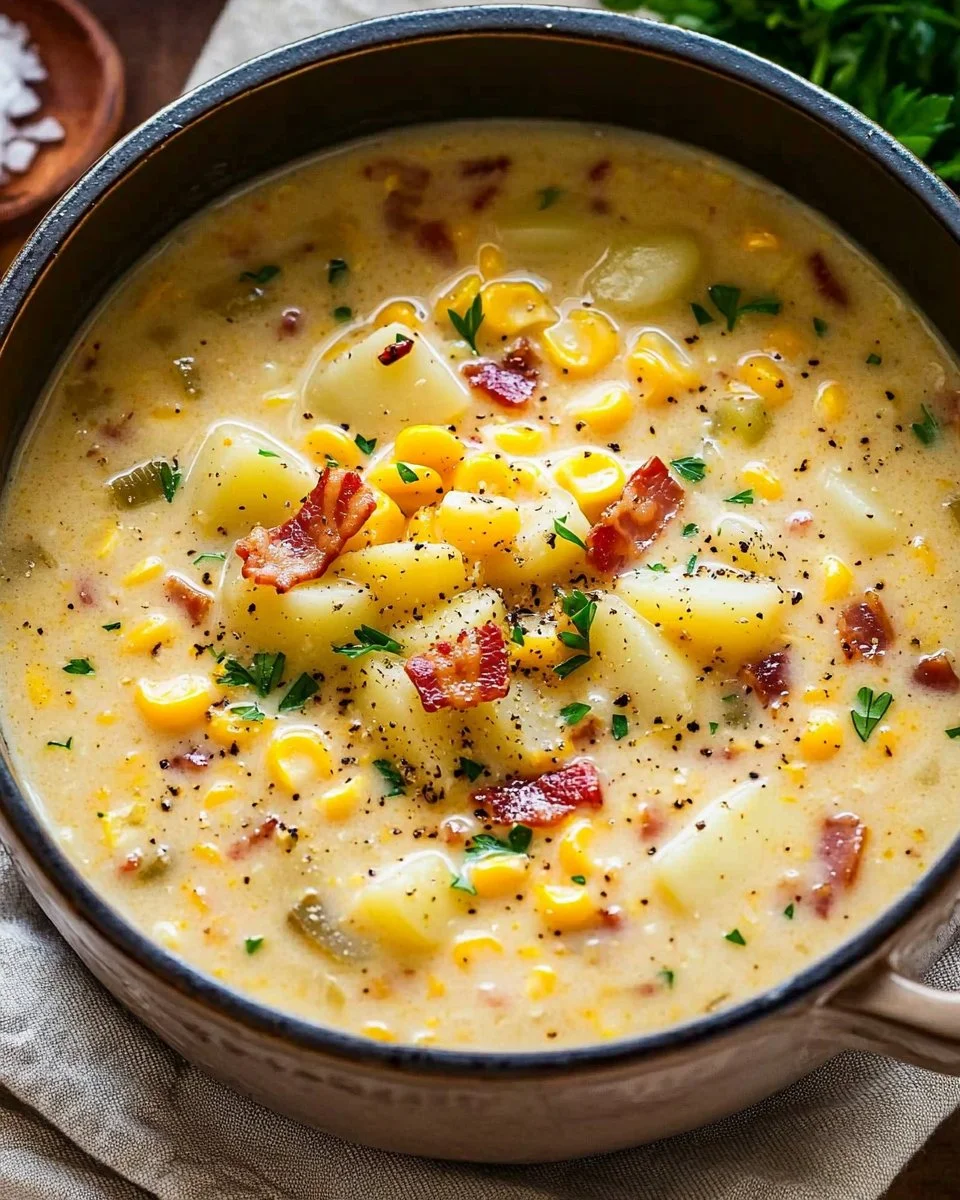 Bowl of creamy fresh corn chowder topped with herbs and served with a slice of bread